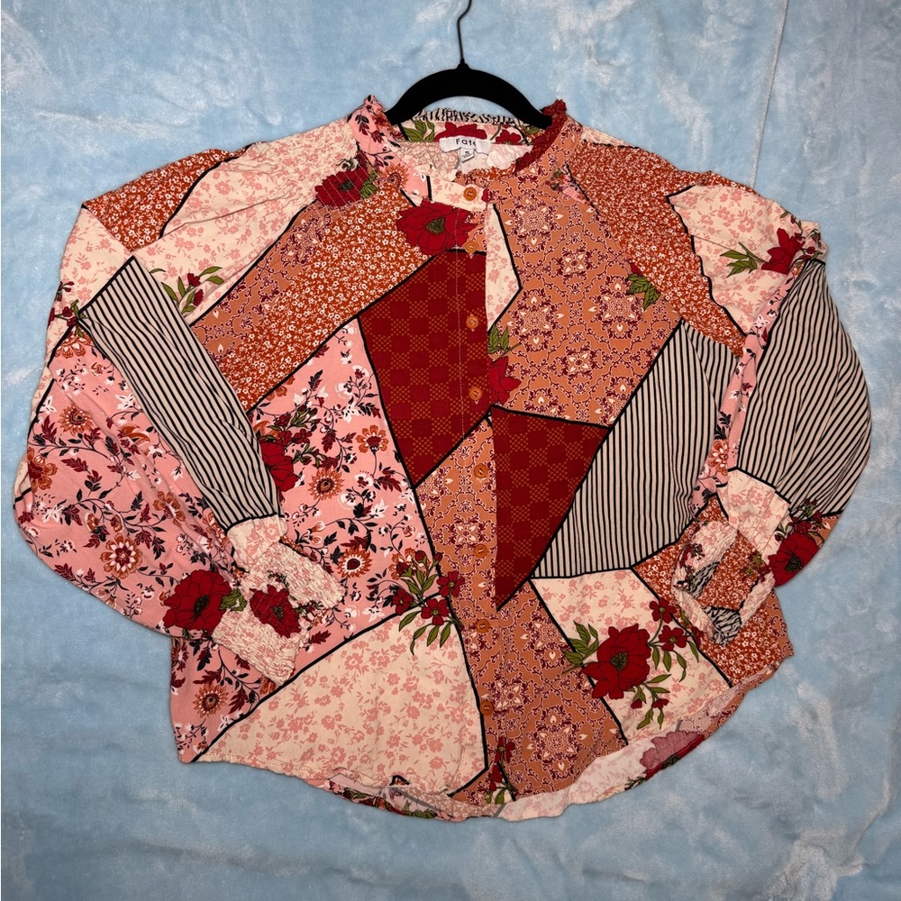 Fate Patchwork Boho Mixed Print Blouse Bubble Sle… - image 6